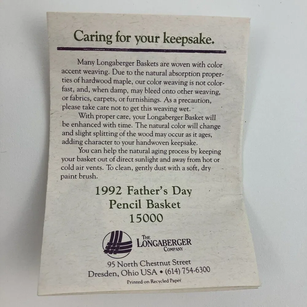 Longaberger Fathers Day Pencil Basket 1992 | /w Liner & Protector TVG (15000)